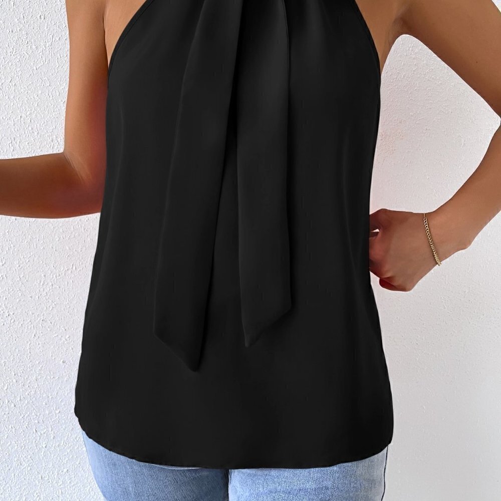 Black Preppy Womens Solid Tie Neck Halter Top - Picture 5 of 5